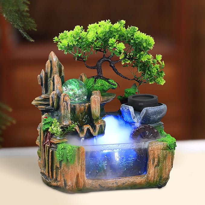 Gdrasuya10 Indoor Fountain, Tabletop Rockery Fountain with LED Lights, Goldfish Waterfall, Durable Resin Material, Ideal for Office, Home, Bedroom - Bloomnest