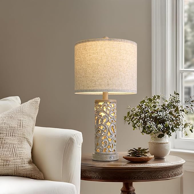 22" Farmhouse Table Lamp,Dual Light Touch Lamp with 3-Level Dimming,Lamps for Bedroom with USB A+C Charging Ports,Lamps for Living Room - Bloomnest