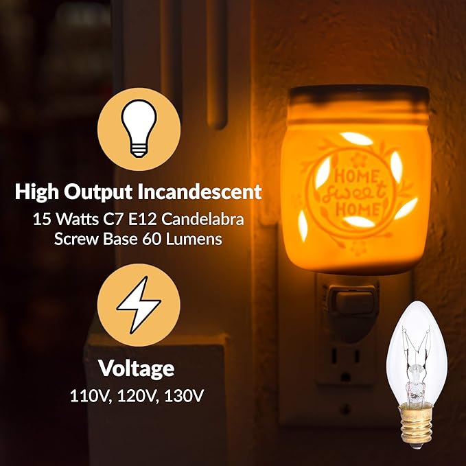 Simba Lighting C7 15W Replacement Bulb (12 Pack) for Himalayan Salt Rock and Basket, Plug In Aromatic Wax Warmer, Night Light, Clear Candle Shape, 120V, E12 Candelabra Base, Dimmable, 2700K Warm White - Bloomnest