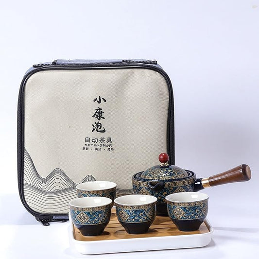 Ceramic Portable Travel Tea Set, Chinese Kungfu Tea Set with 360 Rotation Teapot and Infuser, 4 Tea Cups, Tea Tray And Travel Bag (Floral Blue)
