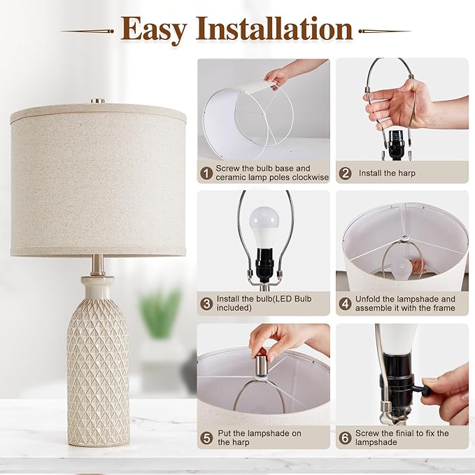 Luvkczc Ceramic Table Lamps Set of 2, Farmhouse 24.8" Bedside Lamps with 3-Color Temperature, Modern Nightstand Lamp Desk Reading Lamp for Bedroom, Living Room, Office, 2 Bulbs Included - Bloomnest