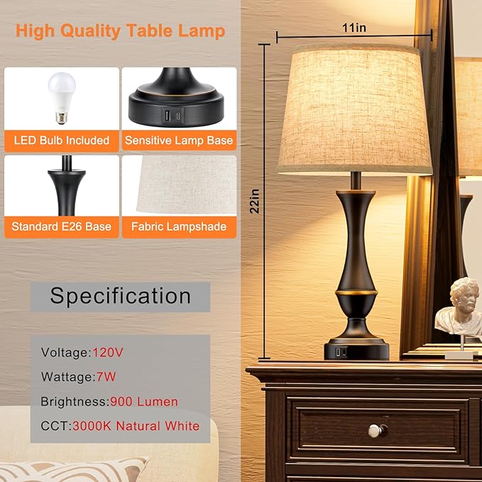 Seealle Upgraded Touch Lamps for Night Stands Set of 2 - Bedside Lamps with USB C+A, 3 Way Dimmable for Bedroom Living Room End Tables Office - Bloomnest