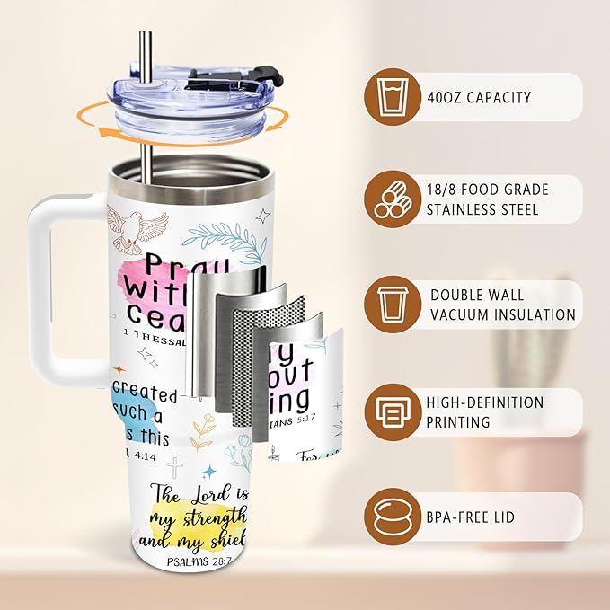 DUUV Christian Gifts for Women, Christian Tumbler 40 Oz with Handle, Faith Bible God Religious Gifts for Mom Sister, Thanksgiving Christmas Encouragement Birthday Gift for Faith Lovers, 1PCS - Bloomnest