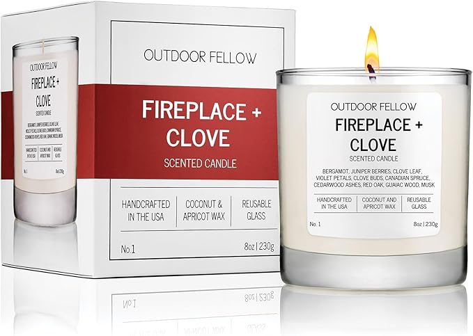 Outdoor Fellow Fireplace and Clove Scented Candle, 8oz, Coconut & Apricot Wax Blend, Bergamot, Clove Buds, Cedarwood, Reusable Glass, 40-50 Hour Burn Time - Bloomnest