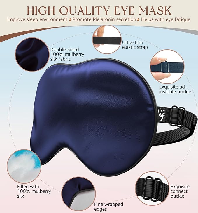 HiRui Silk Sleep Mask, 100% Natural Mulberry Silk of Double-Sided & Inner-Filling, Ultra-Smooth Soft, Adjustable Strap, Blocks Light for Night Sleeping, Travel, Office Naps (Navy Blue) - Bloomnest