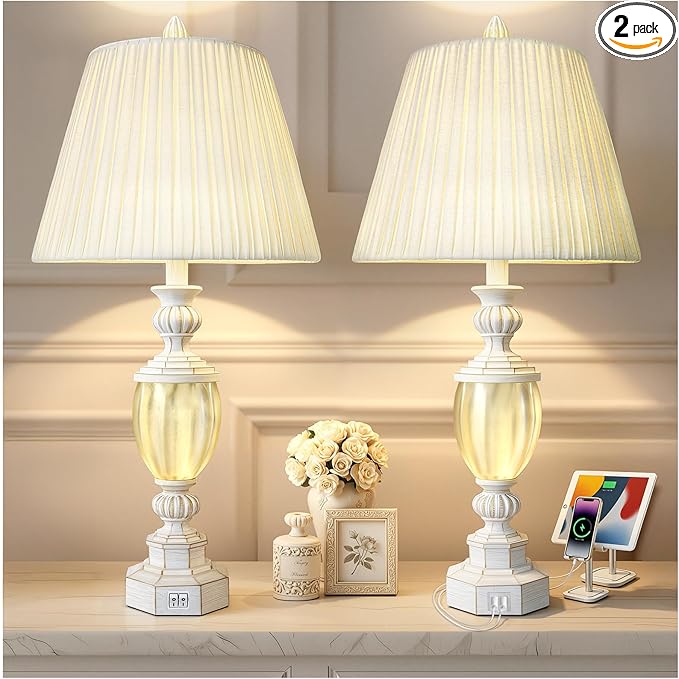 27" Rustic End Table Lamp Set of 2 with Night Light for Bedroom Living Room USB Charging Pots Farmhouse Bedside Lamp with Pleated Shade Boho Nightstand Lamps for Room Office Hotel Dorm(Bulb Included) - Bloomnest