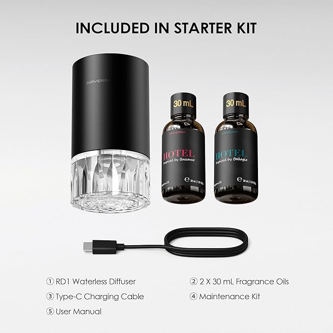 Airversa Waterless Essential Oil Diffuser Starter Kit with 2x30mL Hotel Scent Fragrance Oil for Home Room Desk Car, Battery Operated Scent Air Freshener Diffuser, 100mL Capacity, RD1 Kit Black - Bloomnest