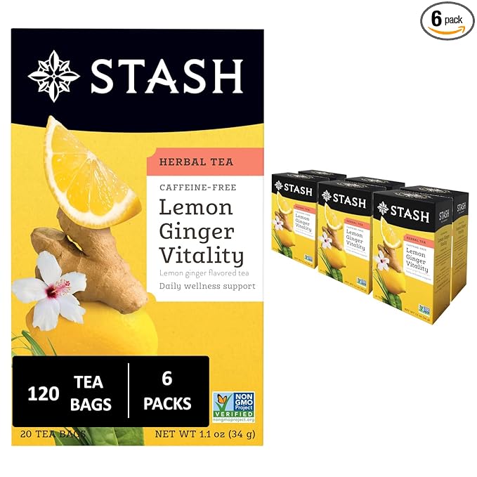 Stash Tea Lemon Ginger Vitality Herbal Tea - Naturally Caffeine Free, Non-GMO Project Verified Premium Tea with No Artificial Ingredients, 20 Count (Pack of 6) - 120 Bags Total - Bloomnest