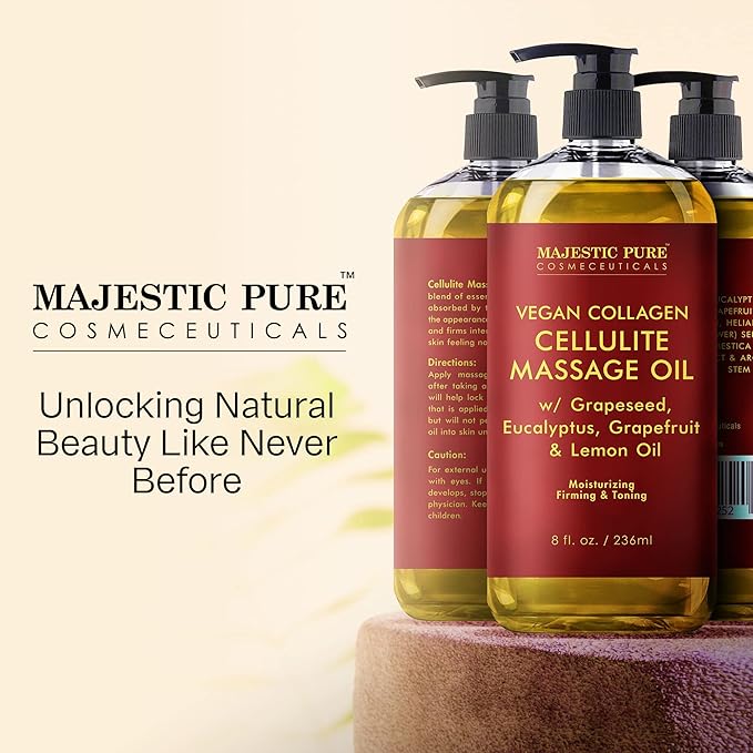 Majestic Pure Anti Cellulite Massage Oil for Massage Therapy - Refreshing, and Relaxing - Natural Oils with Vegan Collagen, Stem Cells & Cellulite Cream - All Skin Types - Men and Women - 8 fl oz - Bloomnest