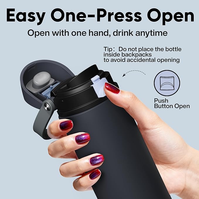 Insulated Water Bottle with Straw - Encool Stainless Steel Water Bottle with Push Button Lid, Leak-Proof & BPA-Free, Keeps Cold for 24 Hours for Sports, Travel, Gym (24 oz, Tuna Grey-Silver) ENCOOL
