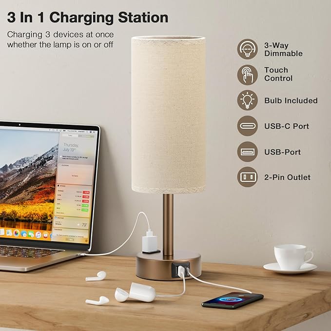 Fenmzee Brown Bedside Table Lamp for Bedroom - 3 Way Dimmable Touch Lamp USB C Charging Ports and AC Outlet, Small Lamp Round Flaxen Fabric Shade for Living Room, Desk, LED Bulb Included - Bloomnest