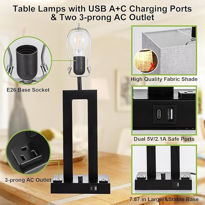 Modern Table Lamps Set of 2-22" Tall Bedside Lamps with USB-C/USB-A Charge Ports & Outlet, Stepless Dimmable Fabric Gray Shade Nightstand Lamps for Bedroom & Living Room - Bloomnest