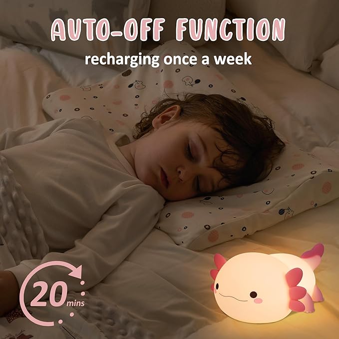 Axolotl Night Light, Cute Night Light for Kids, Animal Silicone Nursery Night Lamp, Timer Dimmable Rechargeable LED Nightlight, Soft Feeding Room Decor Bedside Lamp Gifts for Kids Girls Boys Women - Bloomnest