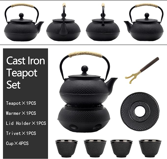 YJX Cast Iron Teapot Set with Cast Iron Warmer, Japanese Tetsubin Tea Kettle Set with Cups,Cast Iron Teapot with Stainless Steel Infuser and Enameled Interior(600ml Teapot Set Combination 1), Black - Bloomnest