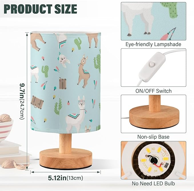 Table Lamp Cute Llama and Alpaca Cactus Nightstand Lamp with Wood Base Fabric Lamp Shade Bedside Desk Lamp for Living Room Bedroom Kids Room Office - Bloomnest