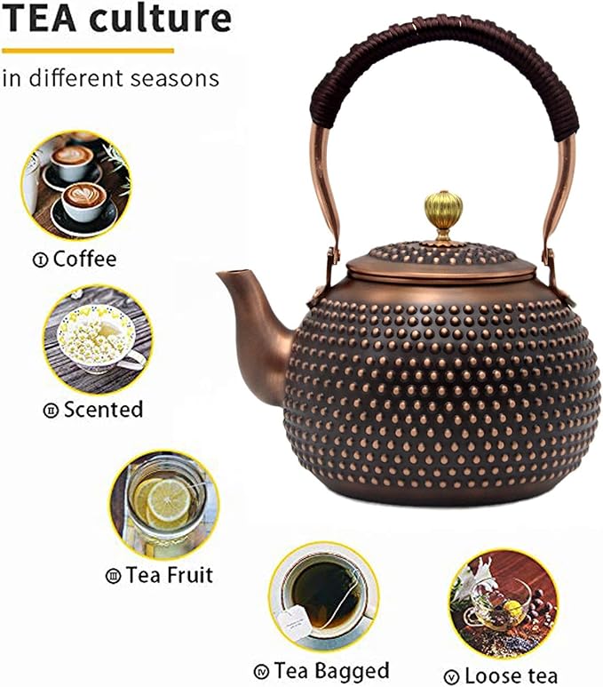 YJX 47.3oz Elegant Japanese Style Copper Tea Kettle For Stovetop Safe, Non-Coating Pure Copper Teapot with Stainless Steel Tea Ball For Loose Tea, Solid Tea Pot For 2-4 Cups (1400ml) - Bloomnest