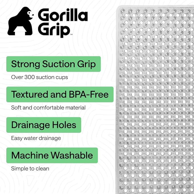 GORILLA GRIP Patented Bath Tub Shower Mat, Machine Washable Bathtub Floor Liner Mats, Suction Cups and Drain Holes to Keep Tubs Clean, Soft on Feet, Bathroom Essentials, 35x16 Inch, Clear Gray - Bloomnest