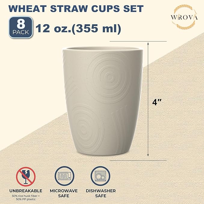 Wheat Straw Cups 8 PCS Good Alternative to Plastic Reusable Cups 12 oz Unbreakable Drinking Cup Reusable Dishwasher Safe Water Plastic Glasses (Beige) - Bloomnest