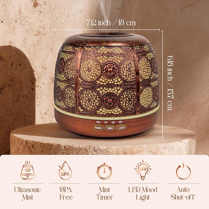 ARVIDSSON 500ml Essential Oil Diffuser, Metal Diffusers for Essential Oils, Aromatherapy Oil Diffuser for Large Room, Color Changing Mood Light & Mist Timer Setting, Gift for Women - Bloomnest