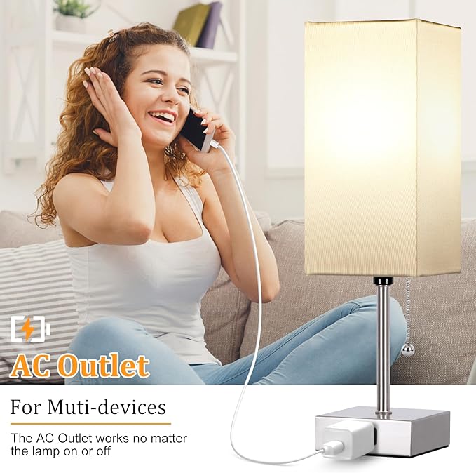 Dott Arts Touch Control Bedside Lamp, 3 Way Dimmable Nightstand Lamp with 2 USB Ports & AC Outlet, Modern Style, White Fabric Shade - Bloomnest