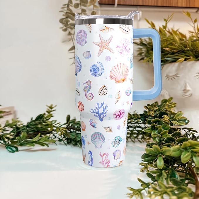 Ceovfoi 40 Oz Rainbow Seashells Tumbler with Handle Lid and Straw,Watercolor Ocean Cup,Water Bottle,Travel Coffee Mug,Hawaiian Rainbow Seashells Decor,Accessorie - Bloomnest