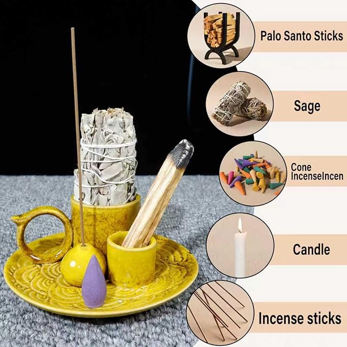 5.1-Inch 5-in-1 Yellow Ceramic Incense Holder - Fits Palo Santo, Sage, Incense Sticks/Cones, Small Candle, Smudge Burning Tray.Zen Altar for Meditation/Yoga, Aromatic Scents, Matches Friendly - Bloomnest