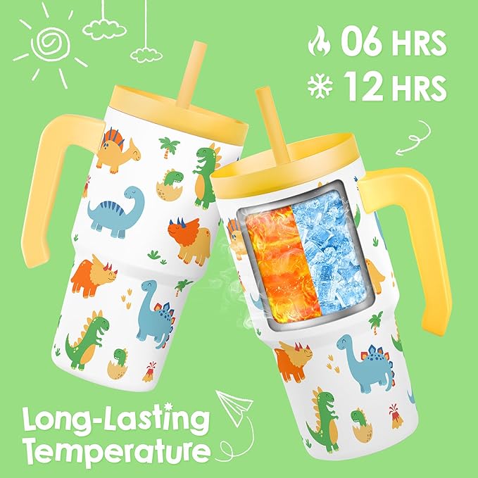 Dinosaur Tumbler 20oz with Handle and Silicone Straw Lid for Kid, Insulated Stainless Steel Cup, Gift for Kids Boys, Gifts Idea for Birthday Christmas Back to School - Bloomnest