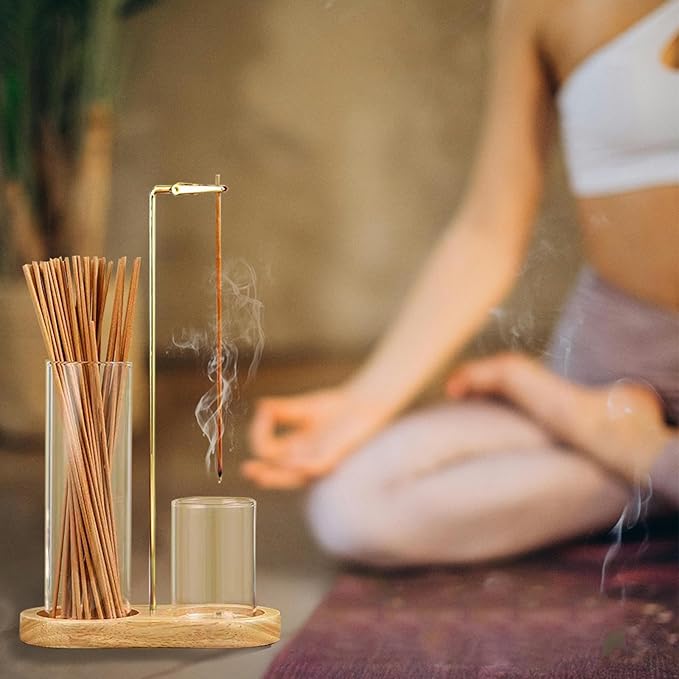 Incense Holder for Sticks with Ash Catcher-2 in 1 Glass Incense Stick & Candle Holder with Storage, Anti-Ash Flying insence-Sticks Burner for Meditation Yoga Spa Home Decor sage (Light Base) - Bloomnest