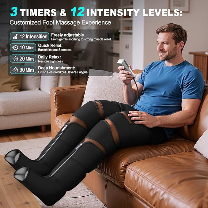 Leg Massager with Heat and Compression, Foot Massager for Circulation and Pain Relief, 3 Timers, 12 Intensity, 6 Modes,3 Heating with Knee Massager - Bloomnest