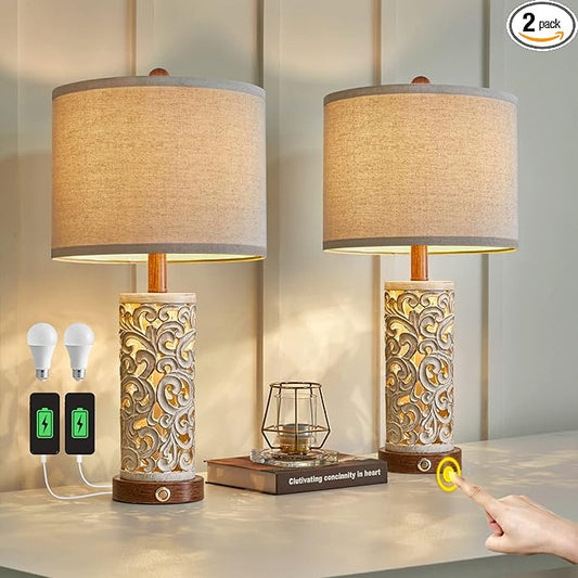 OYEARS 3-Way Dimmable 22'' USB A+C Touch Control Table Lamp Set of 2 with Nightlight for Living Room Bedroom Farmhouse Bedside Nightstand Lamps (Brown, Bulb Included) - Bloomnest
