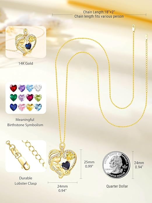14K Gold Double Birthstone Heart Necklace for Women Mom, Mother Son/Daughter Pendant Necklace for Christmas Mother's Day Birthday Gifts for Wife Daughter Grandmom - Bloomnest