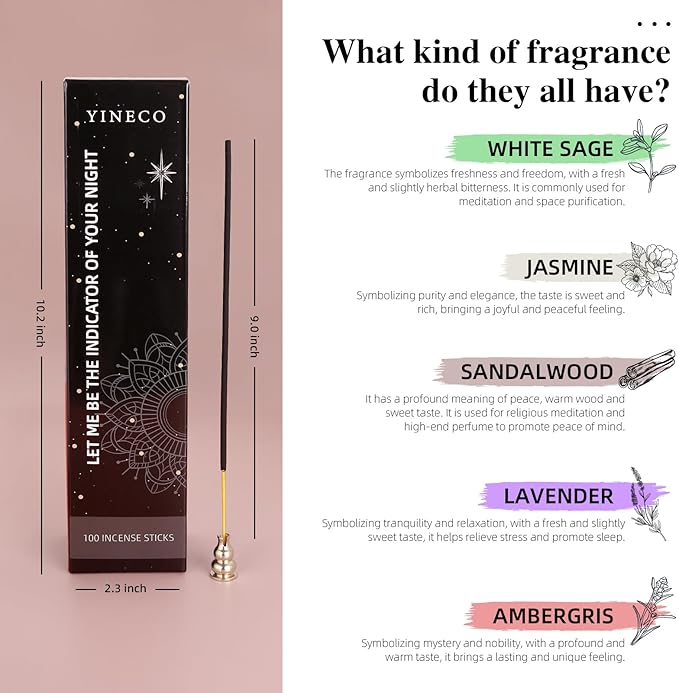 Incense Sticks Set of 100-6 Scents (Dragon's Blood, Lavender, Jasmine, Palo Santo & More) for Relaxation, Sleep & Positive Energy, Long-Lasting Aromatic Sticks (Black) YINECO