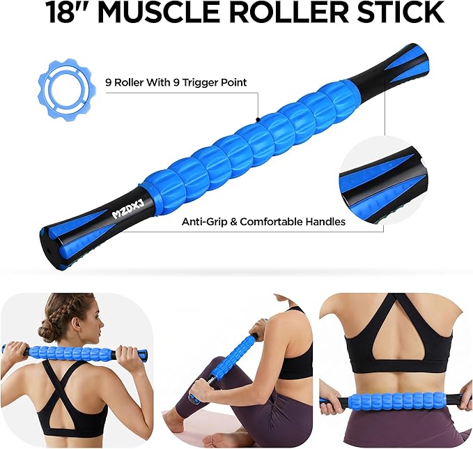 Muscle Roller & Massage Roller Stick for Athletes - Lymphatic Drainage Support, Relieves Muscle Soreness, Cramping & Tightness - Targets Legs, Arms, Back & Calves （Blue - 18inch） - Bloomnest