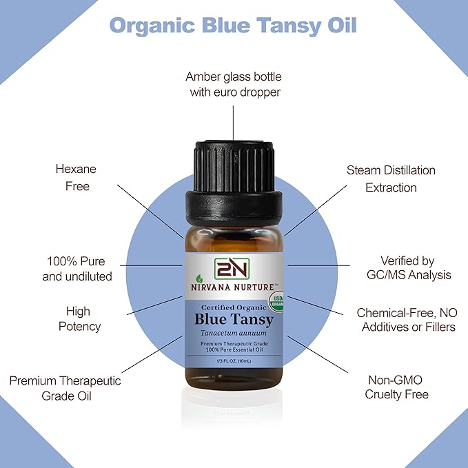 Blue Tansy Essential Oil, USDA Certified Organic, 100% Pure Undiluted, Aromatherapy Oil for Diffuser, Hair & Skin Care NirvanaNurture