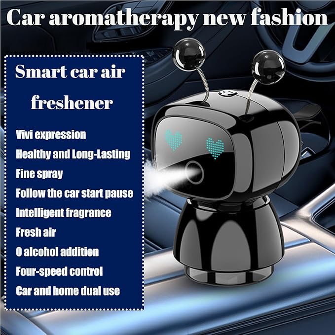 Robot Intelligent Aromatherapy Machine, Smart Cute Robot Car Air Freshener, Fine Spray/Fillable/Four-Gear Adjustment/Vibration Sensing/On-Off/Large Capacity Long-Lasting Fragrance/V3 (Black, Cologne) - Bloomnest