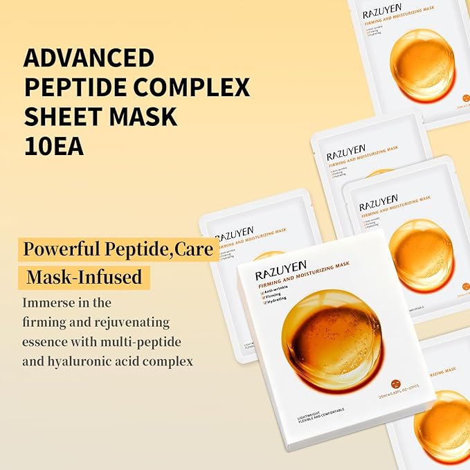 Firming and Moisturizing Sheet Face Masks (Pack of 10) with Hyaluronic Acid and Peptides, Reduce Fine Lines and Wrinkles, Hydrating & Anti-Aging Spa Face Mask, Facial Skin Care - Bloomnest
