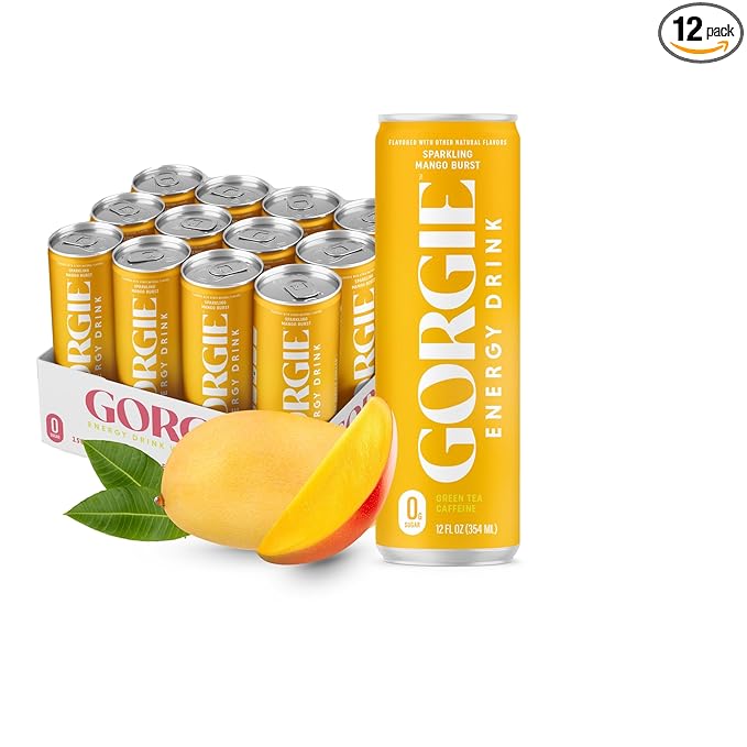 GORGIE Sugar Free Natural Energy Drinks, Sparkling Mango Tango (12 Pack) - Healthy Energy Drinks - Natural Coffee Replacement with Green Tea Caffeine and Biotin - 150mg Caffeine, Vegan, & Low Calorie - Bloomnest