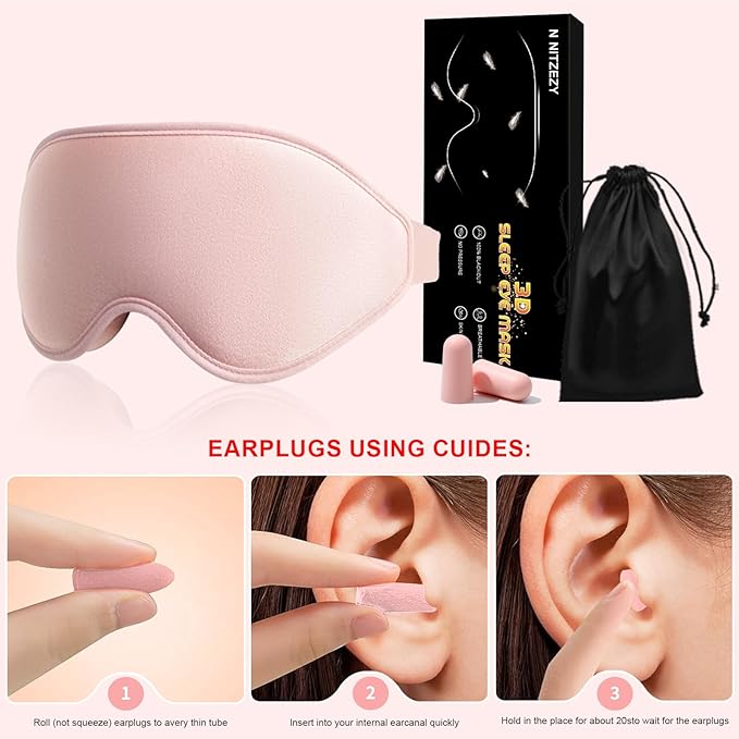 3D Sleep Mask with Earplugs, 100% Light Blackout Eye Mask for Sleep, Washable Sleeping Mask, 0 Pressure Eye Covers for Sleep with Wider Adjustable Strap, Only 1.3oz Light Soft Sleeping Mask (Pink) - Bloomnest