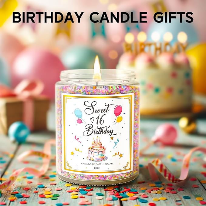 Sweet 16 Birthday Candles for Women - 9 oz Happy Birthday Candle with Vanilla Birthday Cake Scent, Gifts for Women & Men, Friendship Ideas - Bloomnest