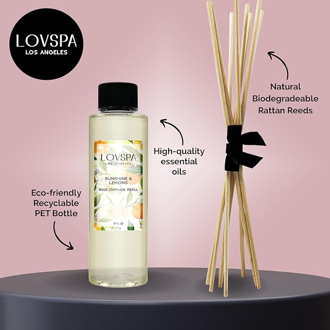 LOVSPA Sunshine & Lemons Diffuser Oil - Luxury Essential Oils for Diffuser Refill & Air Freshener Room Spray - Long-Lasting & Natural Home Fragrance, Scented Oil for Diffusers, USA Made, 4oz - Bloomnest