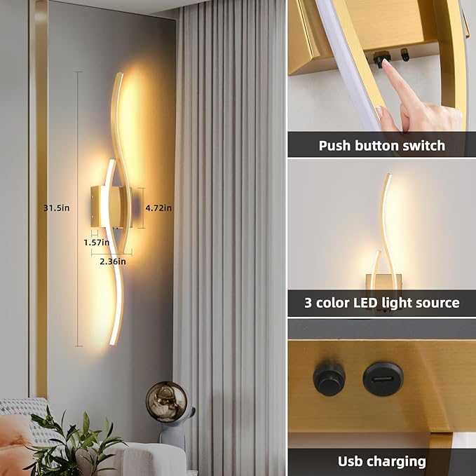 Battery Powered Wall Sconces Set of 2, Gold 31.4" LED Dimmable Wall Sconce with Remote Control/Timer/Memory, USB Rechargeable Wall Lights for Living Room, Bedroom, Hallway Wireless scones Lighting - Bloomnest