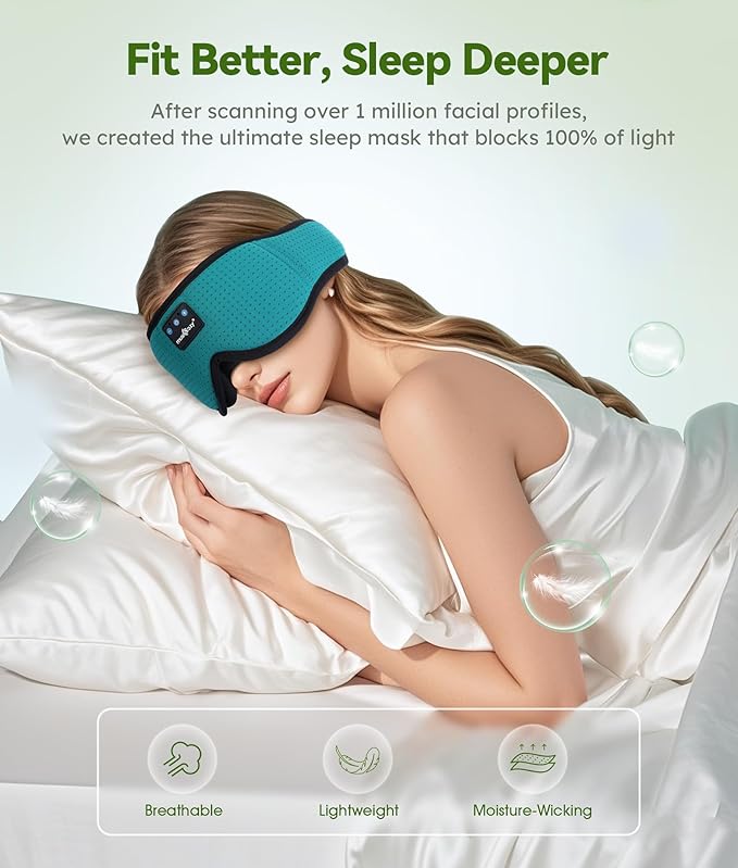 MUSICOZY Sleep Headphones Breathable Bluetooth Headband 3D Sleeping Headphones, Wireless Music Eye Mask Sleep Earbuds for Side Sleeper Women,Men Office Air Travel Cool Tech Gadgets Unique Gifts Green - Bloomnest