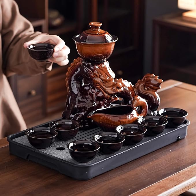 Ceramic Teapot with Infuser Semi Automatic Tea Set Magic Teapot with 8 cups Gradient Color (Yellow Dragon- C) - Bloomnest