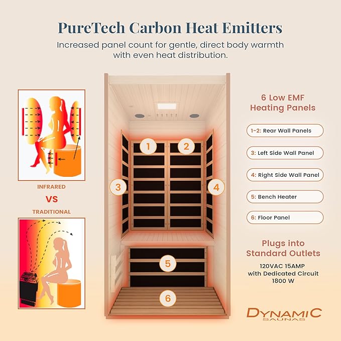 DYNAMIC SAUNAS Barcelona 1- to 2-Person Low EMF FAR Infrared Sauna with Red Light Therapy & Bluetooth Speakers | Personal Indoor Dry Heat Sauna for Home & Gym – Made from Canadian Hemlock DynamicSaunas
