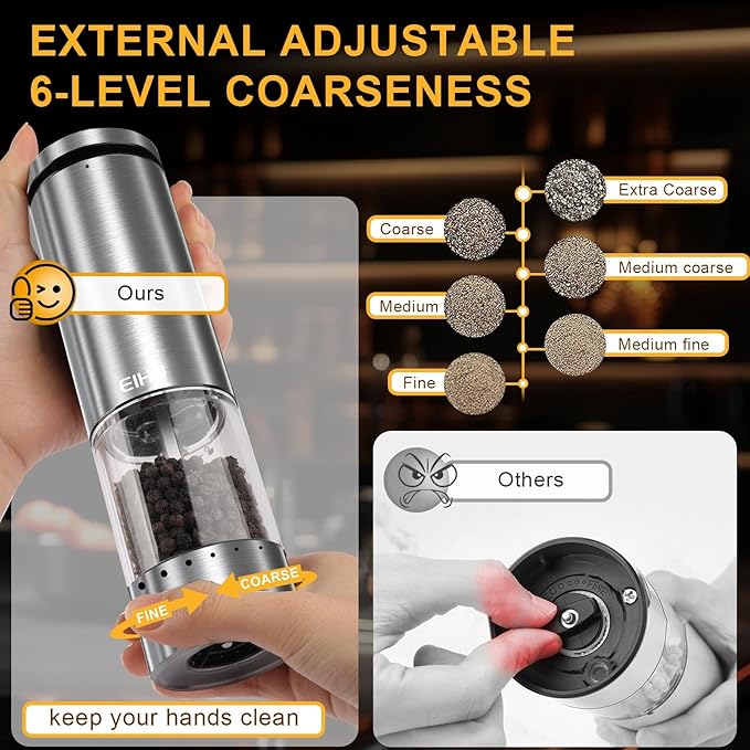 Electric Salt and Pepper Grinder Set Rechargeable, External Adjustable Coarseness, Automatic Salt & Pepper Shakers Mills, Kitchen Gadgets,Stocking Stuffers Christmas Cooking Gifts for Adults Men Women - Bloomnest
