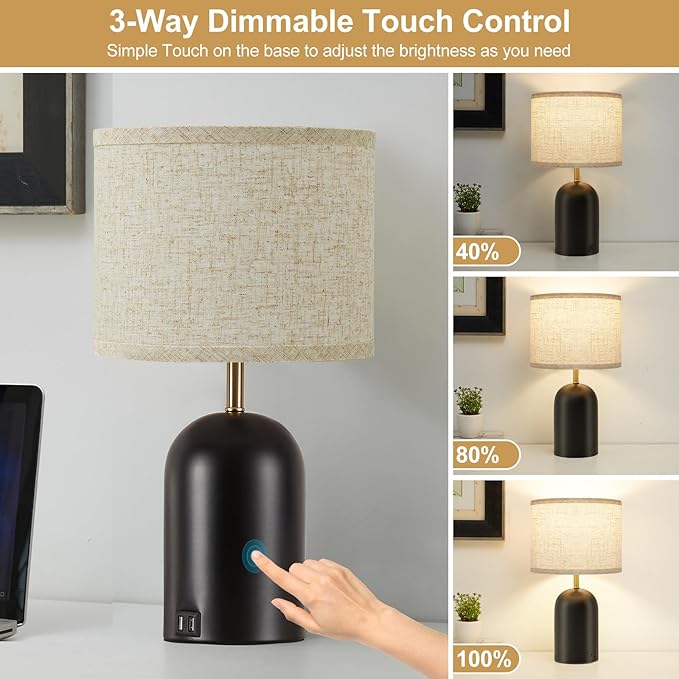 Bedside Lamps with USB C+A Charging Ports, Table Lamp Touch Control 3-Way Dimmable Modern Lamp for Bedroom Lamps for Night Stands with Fabric Shade for Living Room Office Dorm (LED Bulbs Included) - Bloomnest