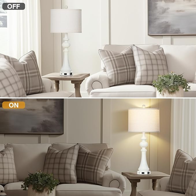 28" Farmhouse Lamps Set of 2 with USB A+C Fast Ports & AC Outlets, Vintage Rustic 3-Way Dimmable Touch Control Table Lamps, Rustic Traditional Bedside Nightstand Lamp for Living Room Bedroom White - Bloomnest