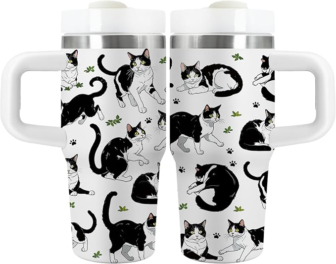 Cat Gifts for Kids - 14oz Cute Cow Cat Tumbler with Handle and Straw, Stainless Steel Insulated Water Cup, Leak Proof, for Sport, School, Travel - Cow Cats Lovers Children Birthday Gifts Cups(1pc) - Bloomnest