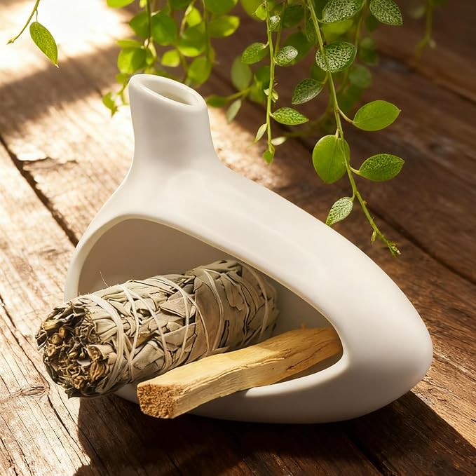 Palo Santo Holder, Ceramic Incense Burner for Sticks Sage Holders Cone Burning Smudge Bowl with Ash Brush for Meditation Yoga Spa Room Decor (White) - Bloomnest