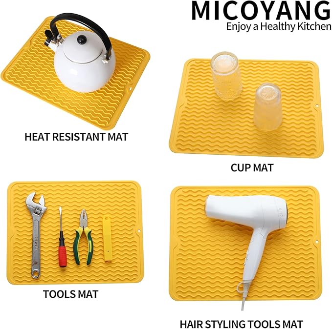 Silicone Dish Drying Mat for Multiple Usage,Easy clean,Eco-friendly,Heat-resistant Silicone Mat for Kitchen Counter or Sink,Refrigerator or drawer liner Yellow L 16 inches x 12 inches - Bloomnest